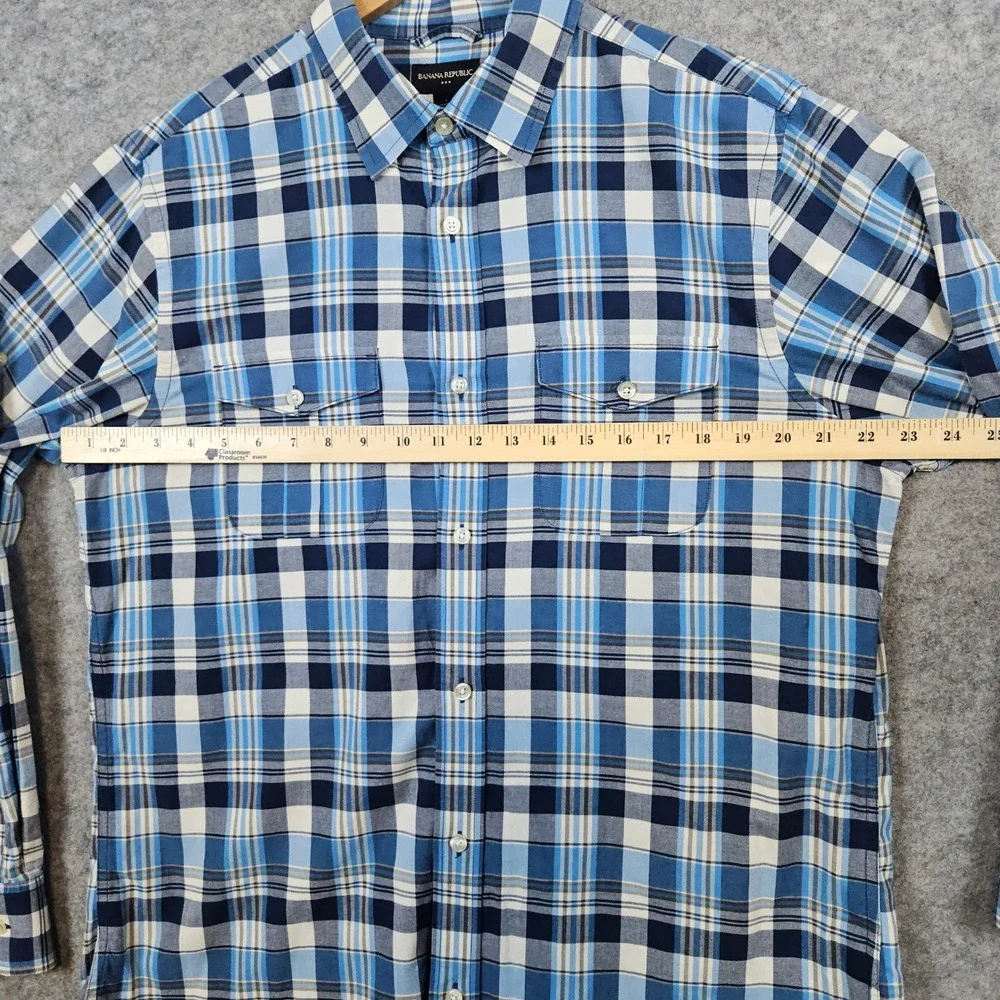 Banana Republic Mens Button Up Shirt Size L Blue Plaid Long Sleeve Cotton Casual